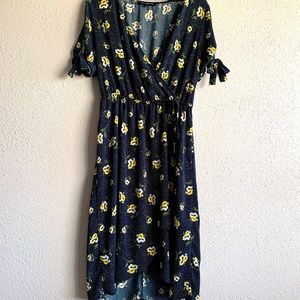 Faux wrap Navy midi dress with yellow florals